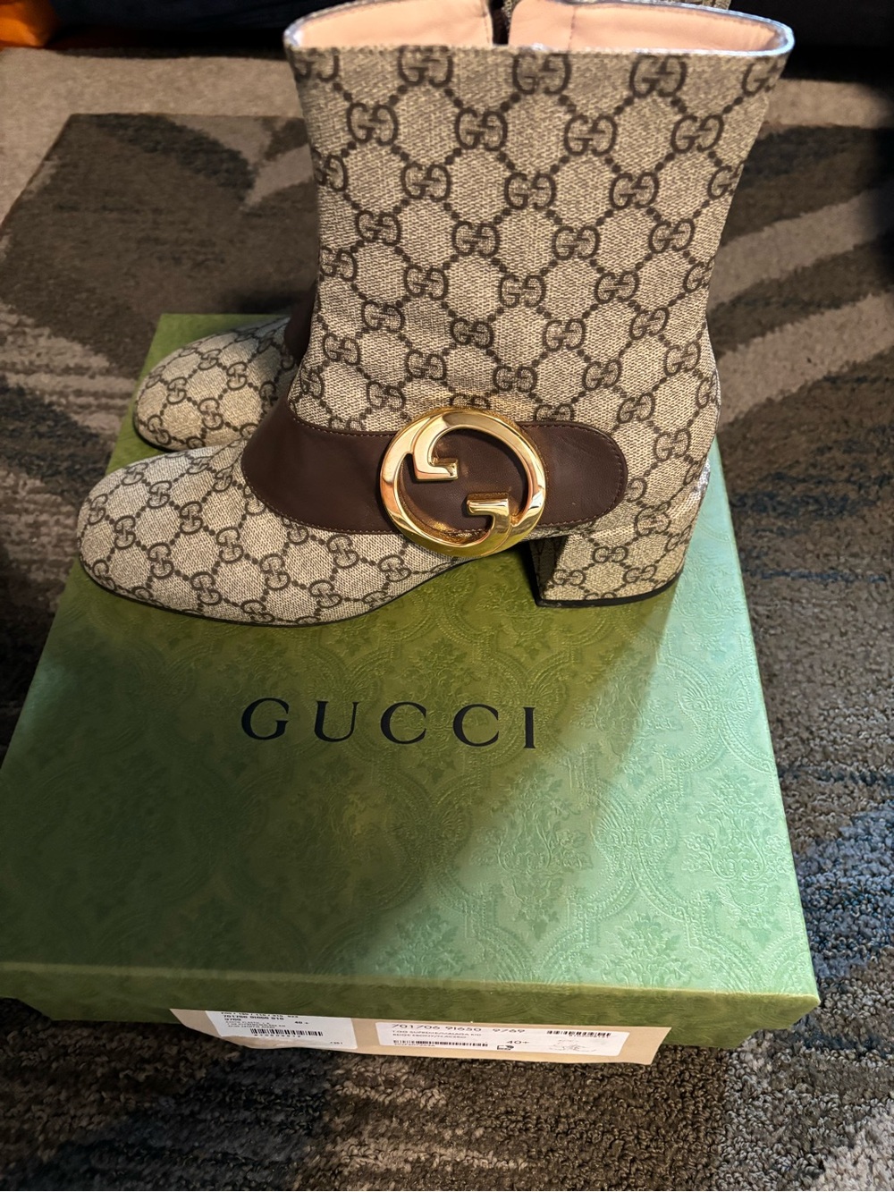 Title: Gucci Blondie GG Supreme Ankle Boots – Beige/Ebony – Size 40.5 (US 10.5)